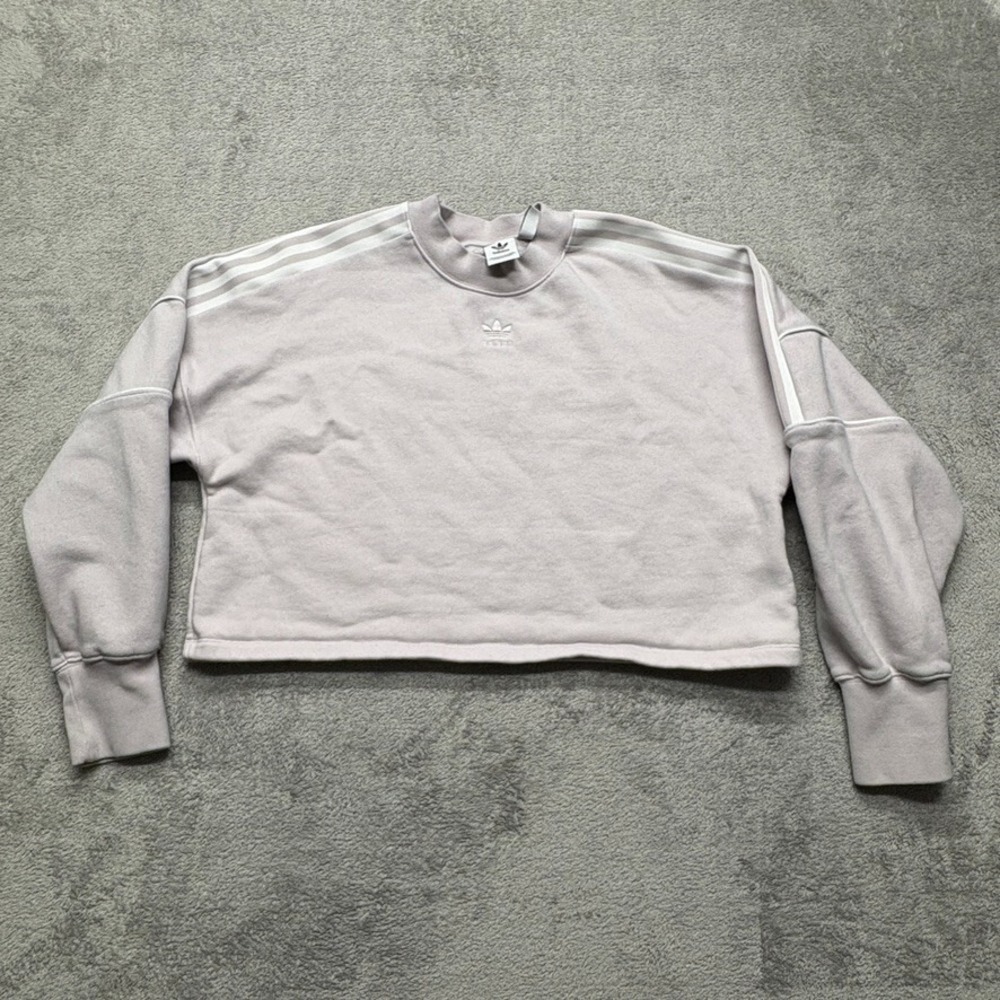 Adidas Cropped Pullover Sweattshirt Womens Medium Light Purple 3 Stripes